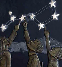 detail showing 3 children as they reach for the stars in the milky way. 