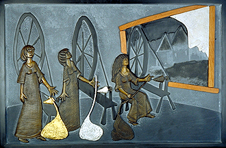 2 of 7 panels. the three daughters sit in the window of their fathers shop spinning gold, silver and silk. this panel incorporates slate, wood, limestone, gold and silver leafe and bronze