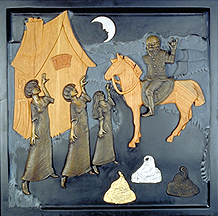 1 of 7 panels. the three daughters wave goodbye to their father as he sits atop his horse ready to leave for his trip. on the ground are piles of gold, silk and silver for the sisters to weave into cloth while their father is gone. they stand in front of a small house, with a half moon up in the sky. this panel incorporates slate, wood, bronze silver and gold leaf and limestone
