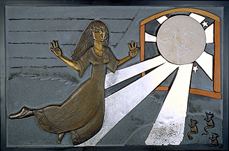 3 of 7 panels. The youngest dauter is becconed by the mmon to cme and dance with her. Giricoccola rids on the moon dust up to the warm voice of mother moon. this panel incorporates slate, bronze, wood, limestone and silver leaf