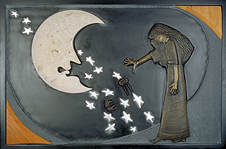 5 of 7 panels. Giricoccola drops the hair pins and bows her head in shame as the Moon expresses her dissapointment. this panel incorporates slate, wood, limestone and bronze