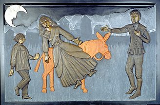 panel 6 of 7. Giricoccola now a statue is being carried on the donkey after being purchased for three cents by a chimney sweep. the kings son saw it, fell in love and bought her for he weight in gold. this panel incorporates slate, wood, bronze and limestone