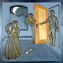 panel 7 of 7. Giricoccola is brought back to life, surprises the prince from behind the door. this panel incorporates slate, wood, bronze, gold leaf and limestone