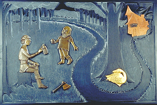 panel 2 of 5. this panel shows the youngest son as he meets a poor old man in the forest. the old man begs a drink and something to eat, and unlike his two older brothers, the youngest is happy to share. this panel incorporates slate, bronze wood and gold leaf