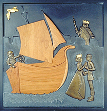 Panel 5 of 5. Winless finally claims his bride, and they stand beside the boat being sailed by the old man, as the king looks down upon them and the golden gose flies off into the nite. this panel incorporates slate, wood, bronze gold leaf